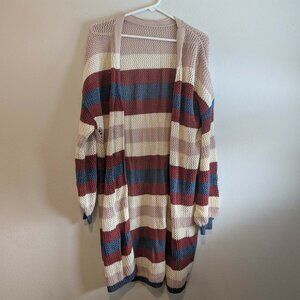 *5/$25* Women's Cream/Maroon/Blue Striped Open Front Woven Cardigan - Size XL